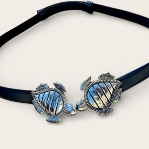 Vtg Chico's Turtle Buckle Leather Belt Western M/L Black Adjustable Boho As Is